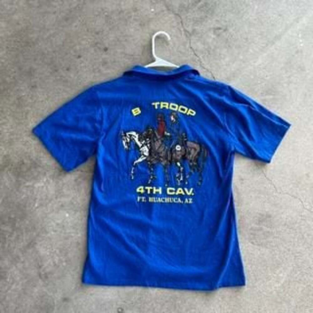 Vintage 80s B Troop 4th CAV Ft. Huachuca AZ Polo Shirt Western Military Blue